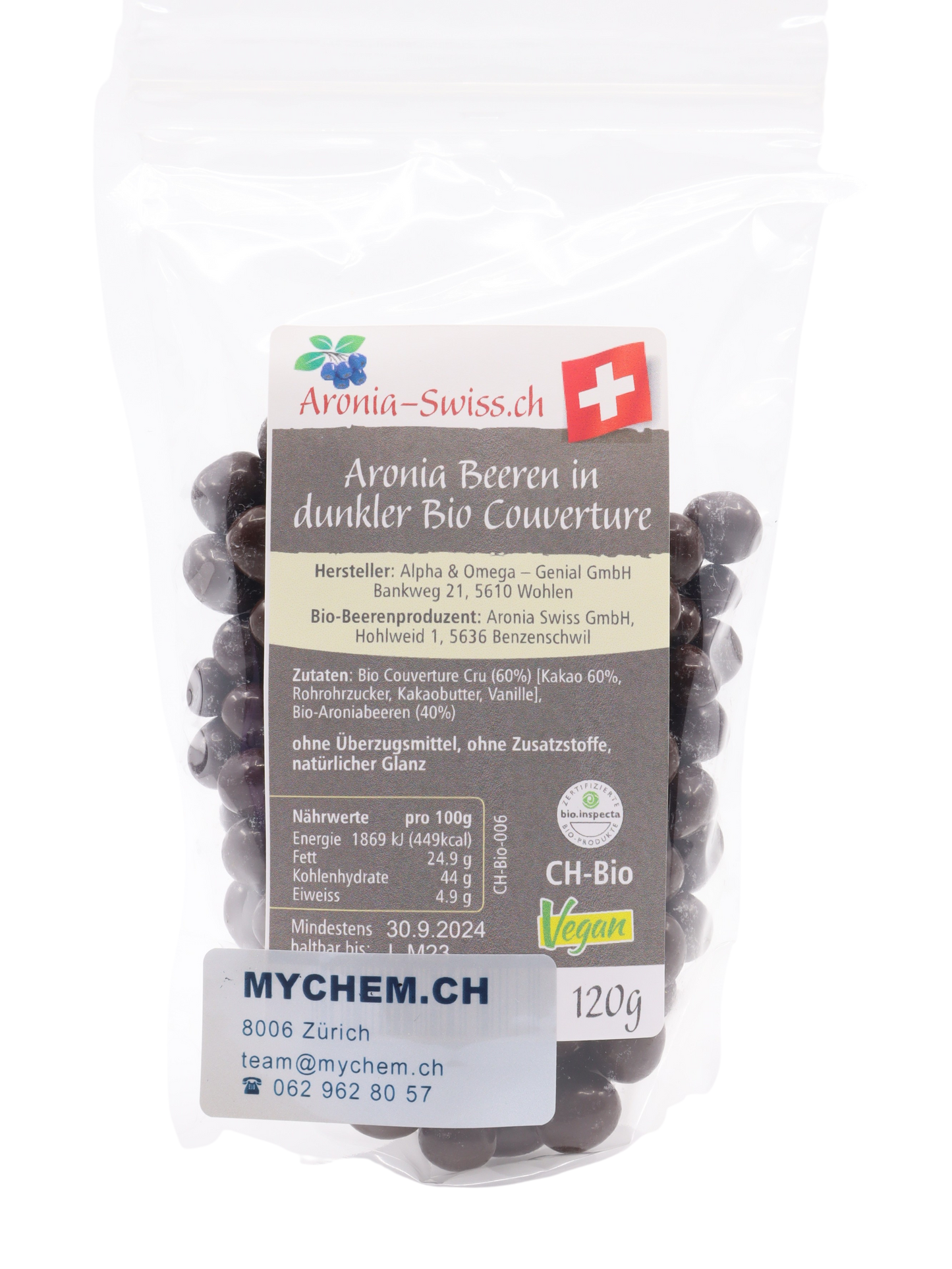 Aronia berries in dark couverture, vegan, organic Switzerland (OPC)