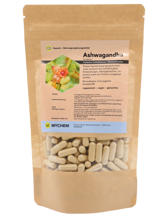Ashwagandha root powder capsules, organic, vegan